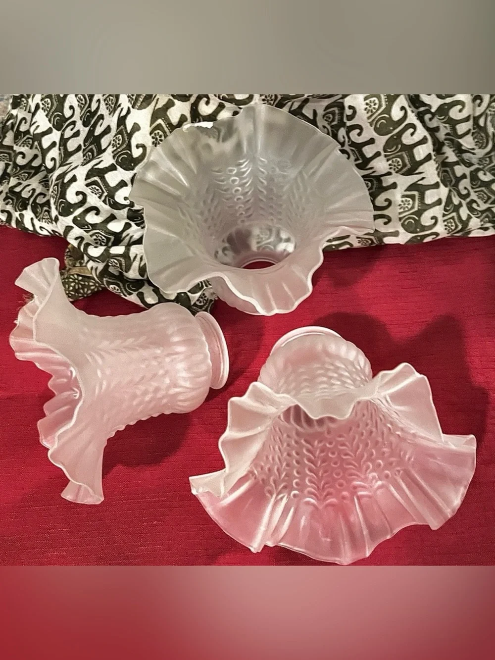Set of 3 Antique Consolidated Glass Beaded Drape Satin Shades Ground Rim 2.25”